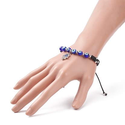 Alloy Hamsa Hand Charm Bracelet, Lampwork Evil Eye Braided Adjustable Bracelet for Women
