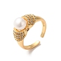 Brass Micro Pave Cubic Zirconia Cuff Rings, Natural Pearl Wide Band Open Ring for Women, Long-Lasting Plated, Cadmium Free & Lead Free