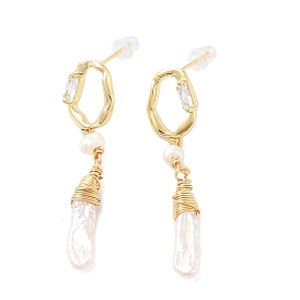 Boucles d'oreille en perles naturelles, avec des accessoires en laiton micro pavé de zircones cubiques et des épingles en argent sterling, ovale