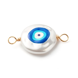 3D Printed ABS Plastic Imitation Pearl Links Connectors, with Eco-Friendly Copper Wire, Flat Round with Evil Eye, White