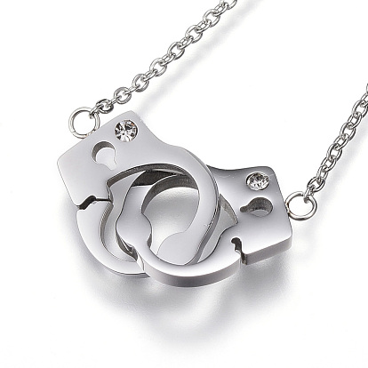 304 Stainless Steel Pendant Necklaces, with Rhinestone, Handcuffs