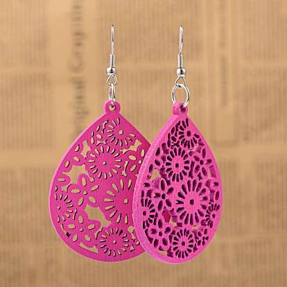 Simple Design Filigree Teardrop Wood Dangle Earrings, with Platinum Plated Iron Earring Hooks, 70mm, Pin: 0.8mm