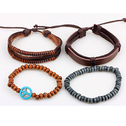 Bracelets multi-brins, bracelets empilables, de simili cuir, cordon en coton ciré, perle en bois et corde de chanvre, signe de paix