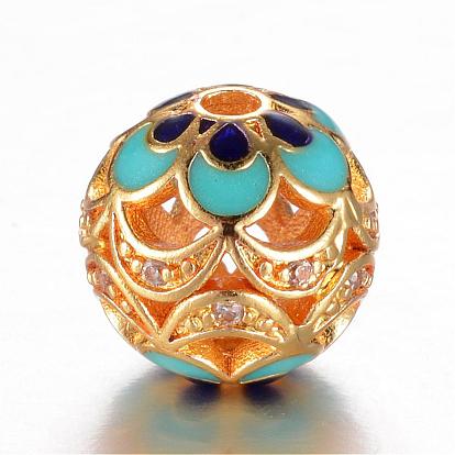 Brass Micro Pave Cubic Zirconia Beads, with Enamel, Round, Hollow