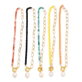 Colliers à pendentif perle keshi perle baroque naturelle, avec chaînes de trombones en acrylique et aluminium opaques, laiton printemps fermoir anneau, or et de lumière