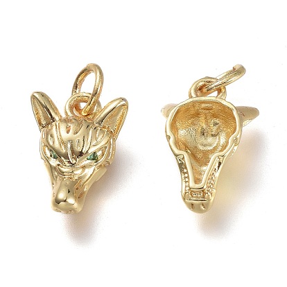 Brass Micro Pave Cubic Zirconia Pendants, with Jump Rings, Wolf, Real 18K Gold Plated