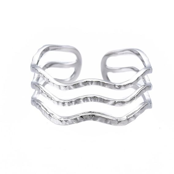 304 Stainless Steel Triple Line Wave Open Cuff Ring, Chunky Hollow Ring for Women