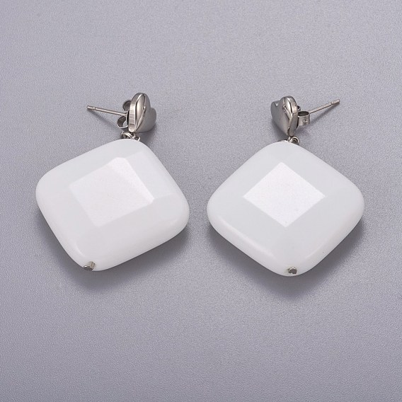 304 Stainless Steel Dangle Stud Earrings, with Ceramic Beads, with Ear Nuts, Rhombus, Faceted