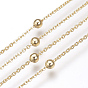 Soldered Brass Cable Chains, Satellite Chains, with Brass Beads, with Spool, Flat Oval, Nickel Free, Real 18K Gold Plated