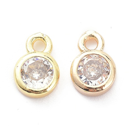 Brass Micro Pave Clear Cubic Zirconia Charms Pendants, Long-Lasting Plated, Flat Round