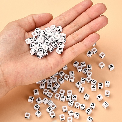 Cuentas de letras de agujero horizontal de acrílico opaco, cubo, con hilo de cristal elástico