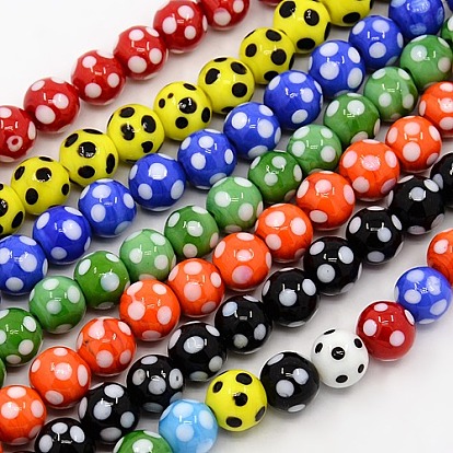 Handmade Lampwork Round Beads Strands, polka-dotted, 10mm, Hole: 1mm, about 30pcs/strand, 11.02 inch