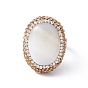 Natural Shell Oval Adjustable Ring with Rhinestone, Brass Chunky Ring for Women