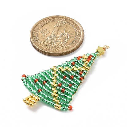 Handmade TOHO Japanese Loom Pattern Seed Beads, with Golden Brass Wire Wrapped Findings, Christmas Tree Pendants