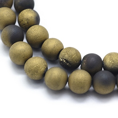 Electroplated Natural Druzy Agate Bead Strands, Round, Frosted