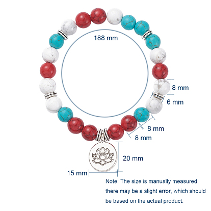 Thème bouddhiste mixte pierres précieuses perles rondes bracelets extensibles, avec pendentifs ronds plats en alliage de style tibétain et perles, lotus