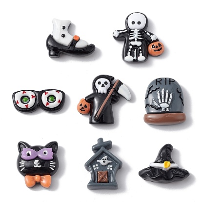 Cabochons en résine opaque thème halloween, noir, squelette/chaussures/main squelette/fantôme/lunettes/chapeau/maison/motif chat