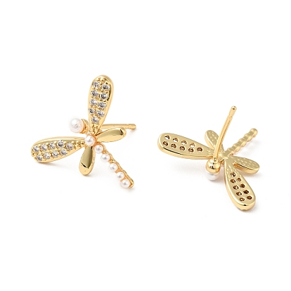 Rack Plating Brass Micro Pave Clear Cubic Zirconia Stud Earrings for Women, with Acrylic Beads, Cadmium Free & Lead Free, Dragonfly
