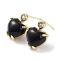 Heart Natural Black Agate Dangle Stud Earrings with Cubic Zirconia, Rack Plating Brass Earrings for Women, Cadmium Free & Lead Free