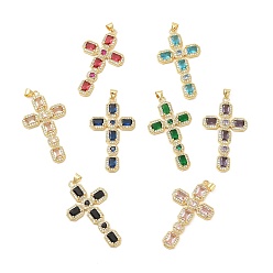 Rack Plating Brass Pendants, with Glass Cubic Zirconia, Religion Cross Charm, Cadmium Free & Lead Free, Long-Lasting Plated, Real 18K Gold Plated