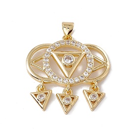 Brass Micro Pave Clear Cubic Zirconia Pendants, Cadmium Free & Nickel Free & Lead Free, Rack Plating, Triangle with Flat Round