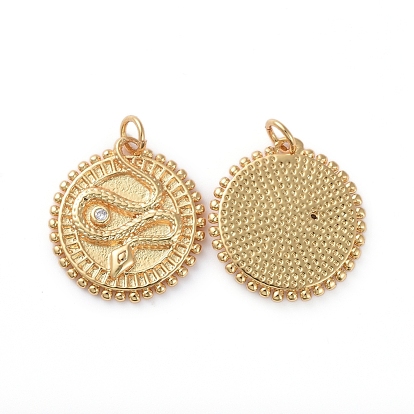 Brass Micro Pave Clear Cubic Zirconia Pendants, with Jump Rings, Long-Lasting Plated, Flat Round with Snake