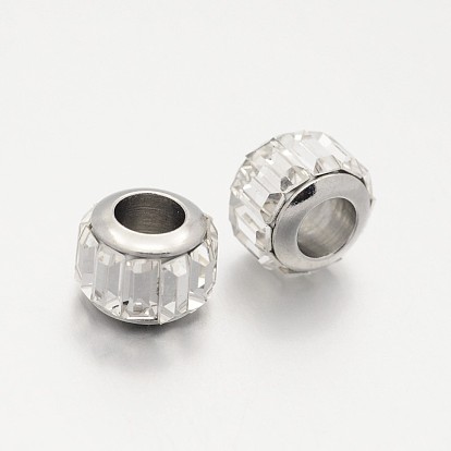 Verre de colonne facettes perles européennes, grosses perles trou de batterie, 304 avec âme en acier inoxydable, couleur inox, 7x9mm, Trou: 5mm