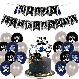 Father's Day Decorations Set, Including Striped Fishtail Banner, Cake Toppers, Latex Balloons, Aluminum Film Balloons, for Father's Day Decorations Party Supplies, Slive & Black & Blue