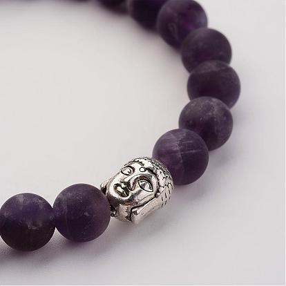 Natural Gemstone Beads Stretch Bracelets, Buddha Head, with Tibetan Style Alloy Bead, Frosted
