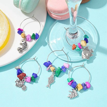 Fish Alloy Wine Glass Charms, with Synthetic Turquoise Beads and Brass Wine Glass Charm Rings