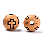 Imitation Wood Acrylic Beads, Round with Cross Pattern