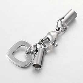 304 Stainless Steel Lobster Claw Clasps, with Cord Ends and Heart Charms, 35mm, Hole: 3mm
