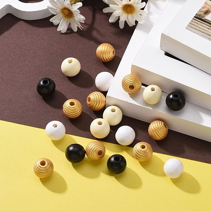 160 Pcs 4 Colors Bee Honey Color Painted Natural Wood Round Beads, for DIY Craft, with Waterproof Vacuum Packing, Old Lace & Black & White & 	Goldenrod