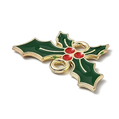 Alloy Enamel Links Connectors, Christmas Holly Leaves, Green