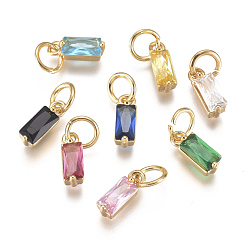 Brass Micro Pave Cubic Zirconia Charms, Birthstone Charms, Long-Lasting Plated, with Jump Ring, Real 18K Gold Plated, Rectangle
