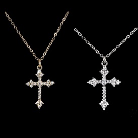 Cubic Zirconia Cross Pendant Necklace, with Brass Cable Chains