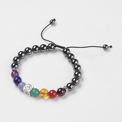 Chakra Jewelry, Non-Magnetic Synthetic Hematite Braided Bead Bracelets, with Mixed Stone and Alloy Findings, Nylon Cord, Cardboard Boxes