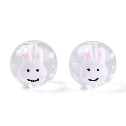 Transparent Handmade Lampwork Beads, Round with Rabbit Pattern