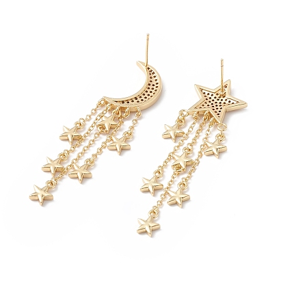 Clear Cubic Zirconia Moon & Star Asymmetrical Earrings, Brass Tassel Dangle Stud Earrings for Women, Cadmium Free & Lead Free