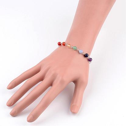Chakra Jewelry Natural Gemstone Round Bead Link Bracelets, with Brass Cable Chains and Lobster Claw Clasps