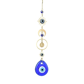 Blue Teardrop with Evil Eye Lampwork Pendant Decorations, Brass Moon/Sun Link Hanging Ornaments