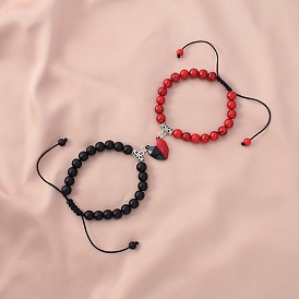 2Pcs 2 Style Synthetic Gemstones Stackable Bracelets Set, Magnetic Alloy Match Heart Charm Bracelets for Bestfriends Lovers