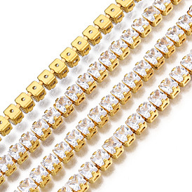 Square Cubic Zirconia Strass Chains, Gold Plated Brass Link Chains, Soldered, with Spool