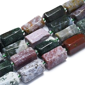 Natural Moss Agate Beads Strands, with Seed Beads, Faceted, Column
