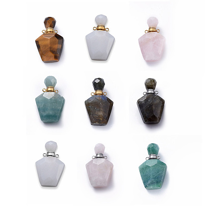 Colgantes de botella de perfume con piedras preciosas naturales facetadas, botellas de aceite esencial, con 304 fornituras de acero inoxidable