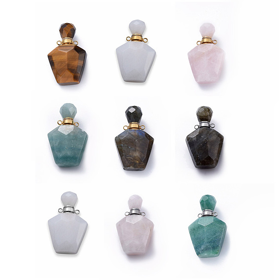 Colgantes de botella de perfume con piedras preciosas naturales facetadas, botellas de aceite esencial, con 304 fornituras de acero inoxidable