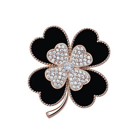 Cubic Zirconia Clover Brooch Pin, Gold Plated Brass Badge for Jackets Hats Bags
