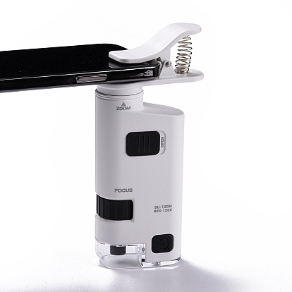 Loupe de microscope de téléphone portable led en plastique abs, avec lentille optique en acrylique 80~120x et clip de téléphone réglable, pour les timbres de pièces de monnaie de pierres précieuses