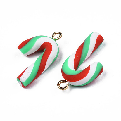 Handmade Polymer Clay Pendants, with Light Gold Iron Loop, Candy Cane, for Christmas