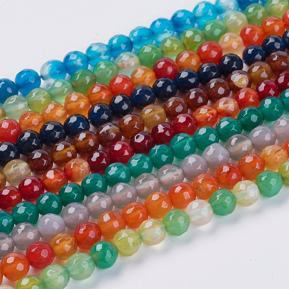 Natural Agate Beads Strands, Faceted, Dyed, Round, Mixed Color